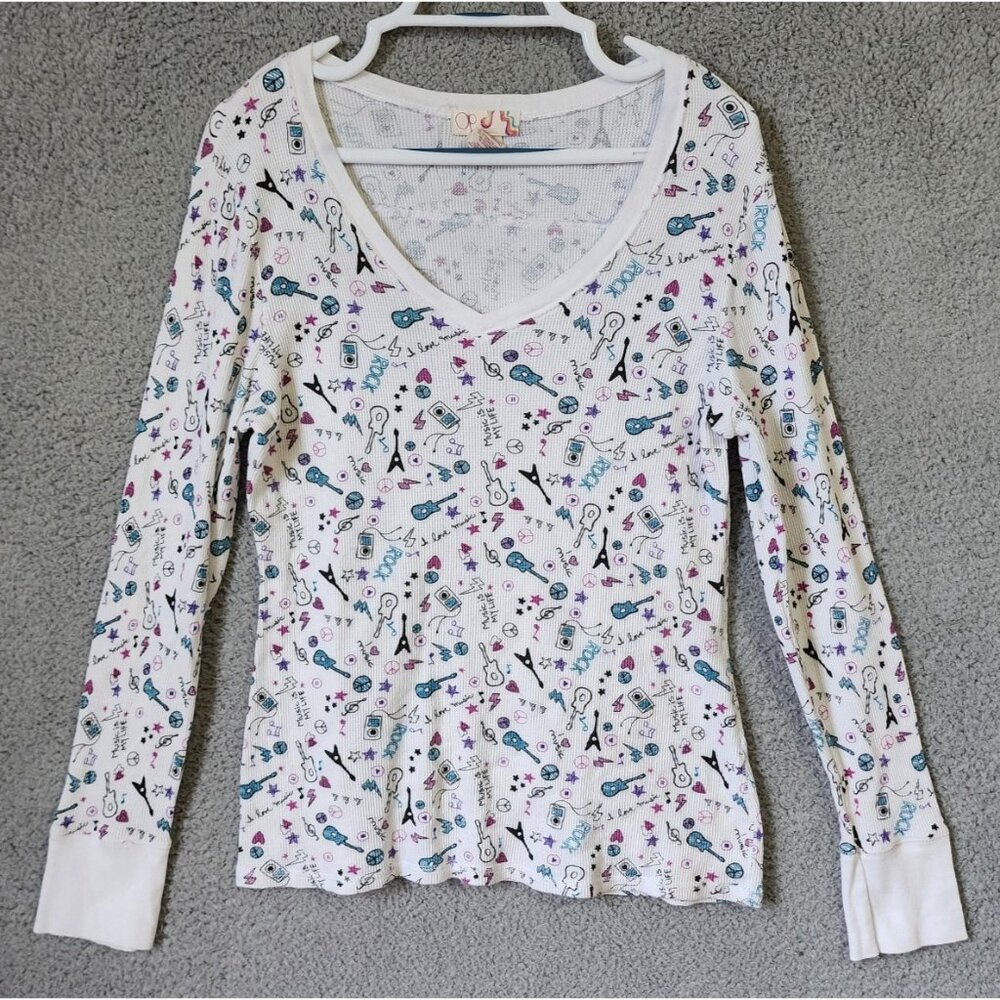 Vtg Y2K OP Ocean Pacific V Neck Long Sleeve Waffle Knit Top Music Scene Emo XXL